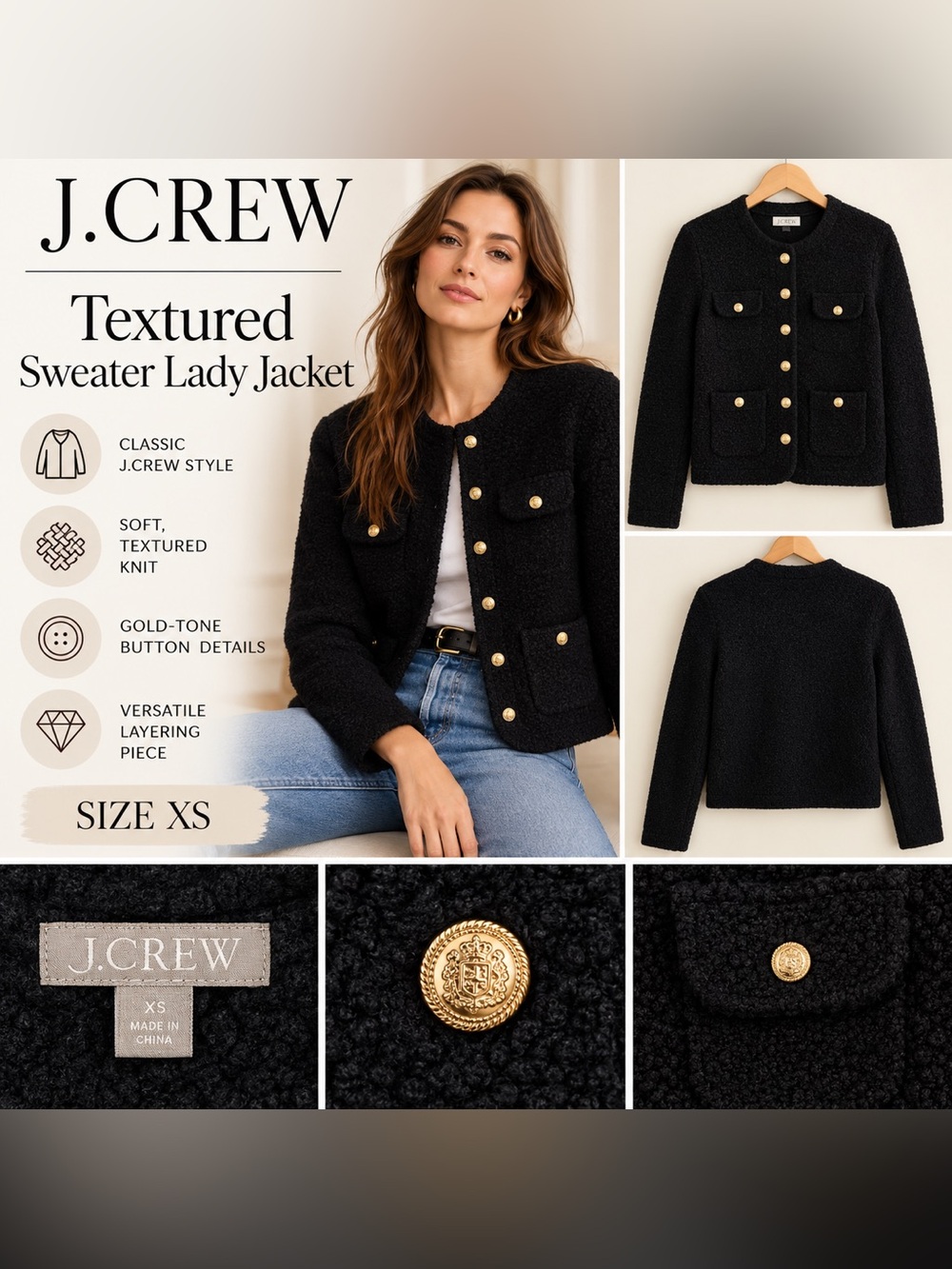 J.Crew Textured Sweater Lady Jacket Black Women’s Size XS